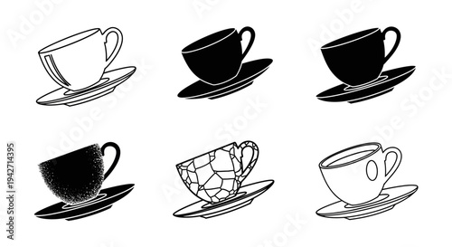 Set of six tilted coffee cups on saucers, showcasing different textures and outlines, black and white illustrations on white background