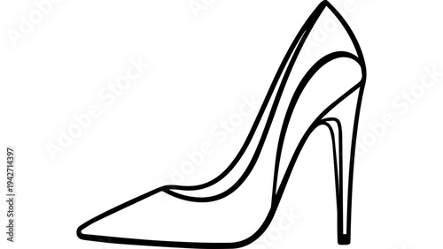 Black outline vector illustration of elegant women’s high heel stiletto pump shoe, minimalist line art fashion icon isolated on white background