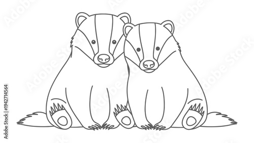 Adorable Badger Duo: A charming monochrome illustration presents two endearing badgers side-by-side, embodying a sense of companionship and simplicity.