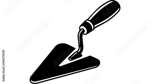 Black and white masonry trowel silhouette icon vector illustration, construction hand tool symbol for building, renovation, contractor logo, web and app UI