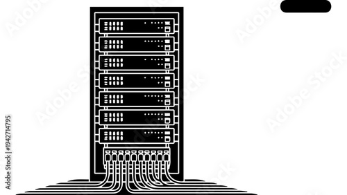 Black and white server rack with multiple stacked units and connected cables, minimal line art vector illustration for data center, hosting and network concept