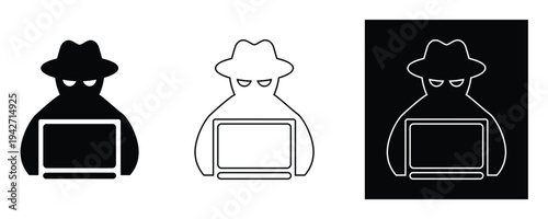 Three hacker silhouettes with laptops on white background for cybersecurity concepts