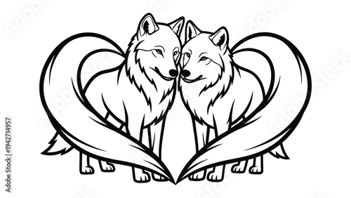 Two Foxes in Heart Shape: A heartwarming illustration of two foxes depicted with their tails forming a perfect heart shape, symbolizing love and companionship.