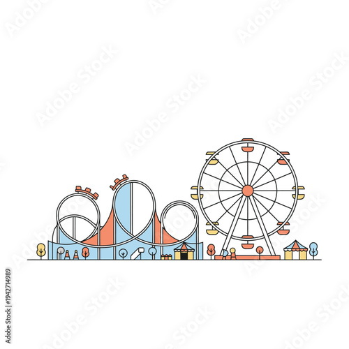 Amusement Park Rides Roller Coaster Ferris Wheel Funfair.
