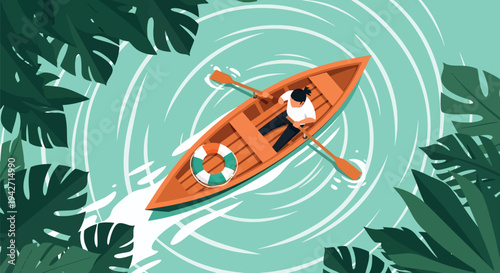 Top View Kayaking Vector Illustration