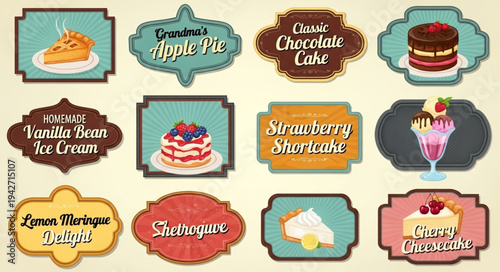 Vintage Dessert Labels Collection - Apple Pie, Chocolate Cake, Ice Cream, and More.