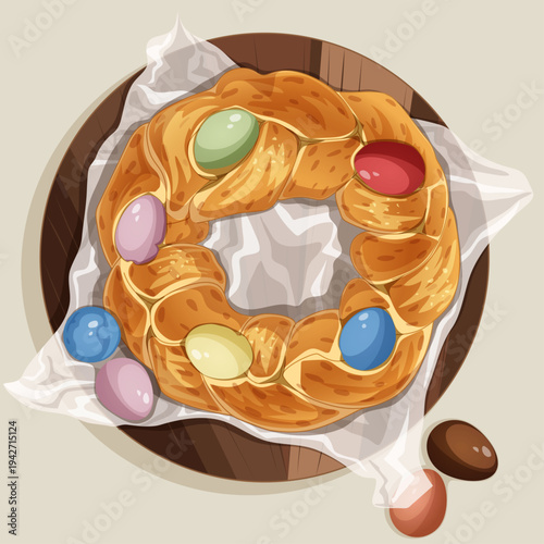 Traditional Braided Italian Easter Bread Ring Pane di Pasqua with Colorful Eggs and Baking Paper on Rustic Wood Board. Mediterranean Brioche Wreath and Greek Tsoureki Style Illustration