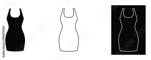 Three different colored dress outlines on white background for fashion design