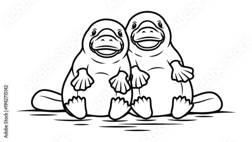 Platypus Duo's Joyful Bond: Two endearing platypuses, their quirky bills and webbed feet on display, share a tender moment, exuding a playful and heartwarming essence.