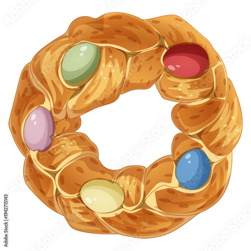 Italian Easter Bread Pane di Pasqua Vector Illustration Braided Sweet Dough with Colorful Dyed Eggs Festive Holiday Food Design