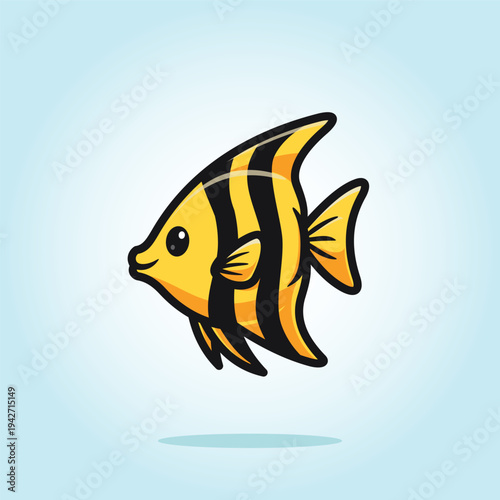 Happy Yellow Altum Angel Fish Cute Cartoon Icon Vector Illustration. Isolated background. Flat Cartoon Style. Manfish, Pterophyllum altum.