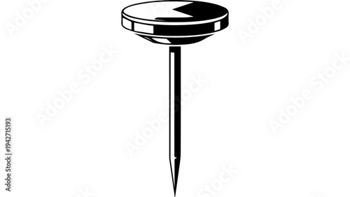 Black and white vector illustration of a construction nail with flat round head, isolated on white background, simple monochrome hardware fastener icon