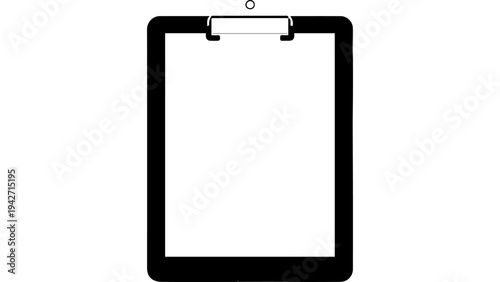 Black clipboard silhouette icon with top clip and blank paper sheet, simple flat vector illustration isolated on white background for office document use
