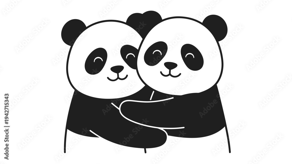 Fototapeta premium Pandas in Love: Two adorable pandas share a loving embrace, hearts symbolizing their affection, embodying the warmth of love and friendship.