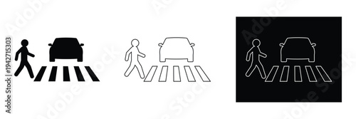 Crosswalk icons with pedestrian and car on white background in black, White and black outlined