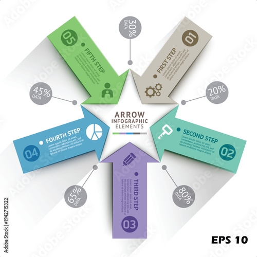 5-Point Radial Star Business Arrow Infographic. Vector Illustration of a Pentagonal Strategic Process with Variable Percentage Benchmarks and Long Shadow Effects