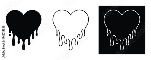 Three heart shapes with drips on white background for love and valentines concepts