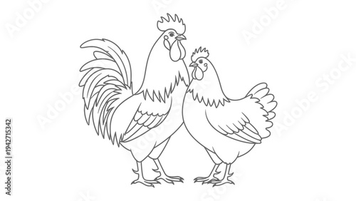 Line Art Chicken Pair: A simple black-and-white line drawing captures the essence of a rooster and hen, perfect for coloring books or minimalist design projects.