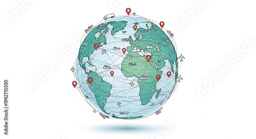 Globe with Location Pins Marked.