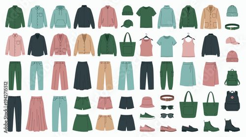 Set of minimalist fashion apparel icons including shirts trousers shoes and bags in flat vector style on white background, concept for capsule wardrobe, retail store and apparel ecommerce