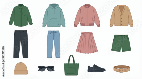 Collection of modern casual clothing icons including shirts jackets pants and accessories on white background, concept for fashion catalog, wardrobe organization and retail apparel advertising