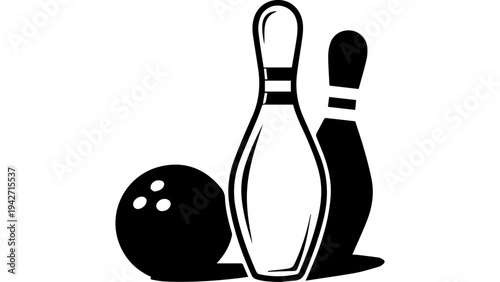Black and white bowling silhouette set with ball and two pins, minimalist vector illustration for sport logo, club branding, web banner, and poster design