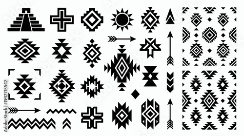 Collection of black aztec tribal geometric symbols and ethnic patterns isolated on white background, concept for textile printing, cultural branding and decorative graphic design