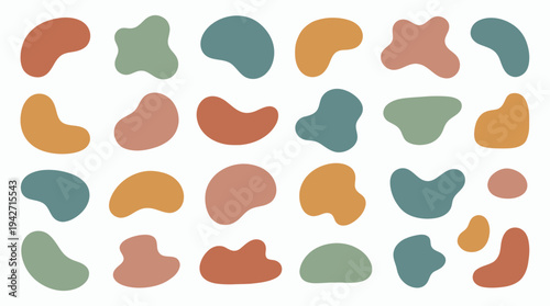 Large set of colorful organic abstract liquid blob shapes in earthy muted tones on white background, concept for social media graphics, minimalist brand identity and modern website decoration