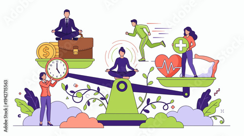 Female executives and office professionals balancing work tasks with meditation and health on large scales, concept for work life balance, mental health awareness and corporate wellness