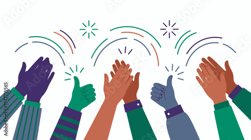 Flat vector illustration of diverse office managers hands clapping and giving thumbs up with celebration sparks, concept for business success, employee recognition and teamwork appreciation