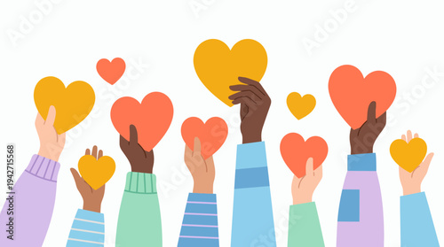 Diverse group of charity organizers and social workers hands holding heart symbols in unity, concept for corporate social responsibility, community support and nonprofit fundraising campaign