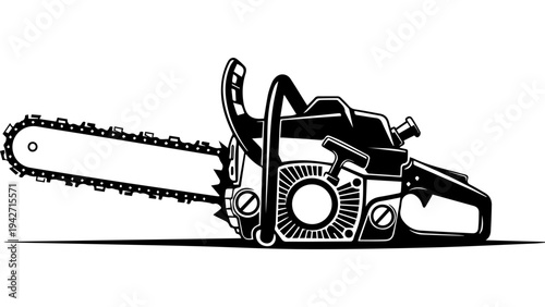 Black and white chainsaw vector illustration with detailed chain blade, motor housing and handle, isolated on white background for logging and tool design