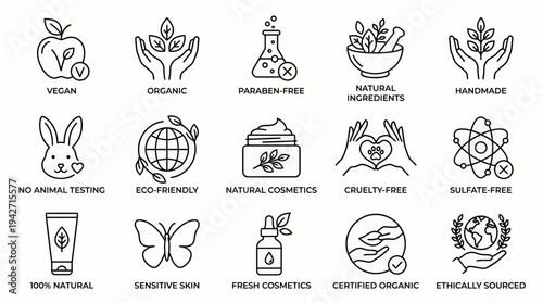 Black line icons set of natural organic cosmetic labels and beauty product certification badges on white background, concept for product packaging design, skincare branding and sustainable marketing