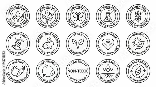 Set of fifteen natural cosmetic product label icons featuring organic and vegan symbols on white background, concept for product packaging design, skincare marketing and sustainable branding
