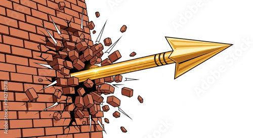 Golden Arrow Breaking Through Brick Wall.