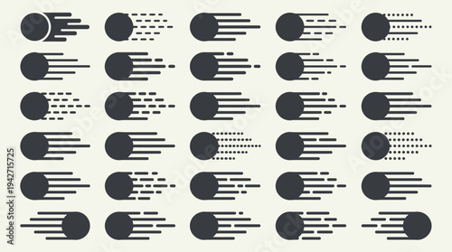 Minimalist collection of black speed line circle icons with various trailing motion effects on light background, concept for express delivery services, fast internet and logistic branding