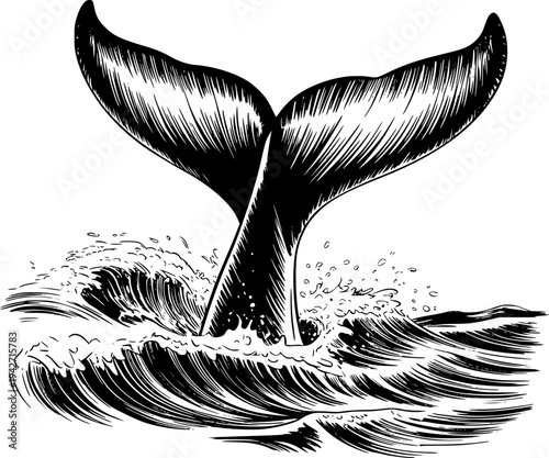 Black and white of a whale tail emerging from crashing ocean waves water