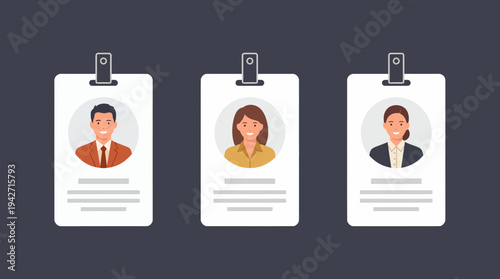 Three professional identification card badges with avatars of a corporate manager, executive and office staff, concept for corporate branding, employee identification and security management