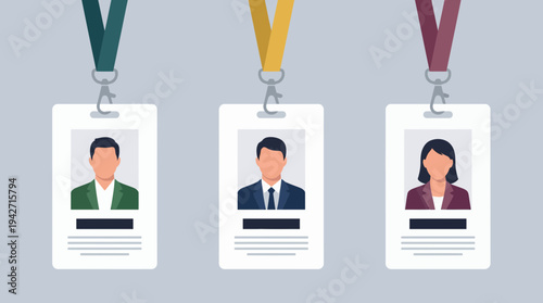 Three plastic ID badges with colorful lanyards featuring avatars of corporate managers and executive staff, concept for corporate identity, employee security and office networking