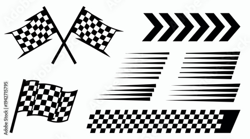 Black checkered racing flag icons set with motion speed lines and chevron symbols isolated on white background, concept for automotive sports branding, race competition and rally event design