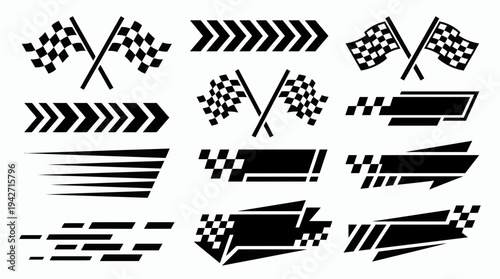Collection of black racing flags, checkered stripes, speed lines and dynamic sports banners isolated on white, concept for automotive branding, tournament and racing event design