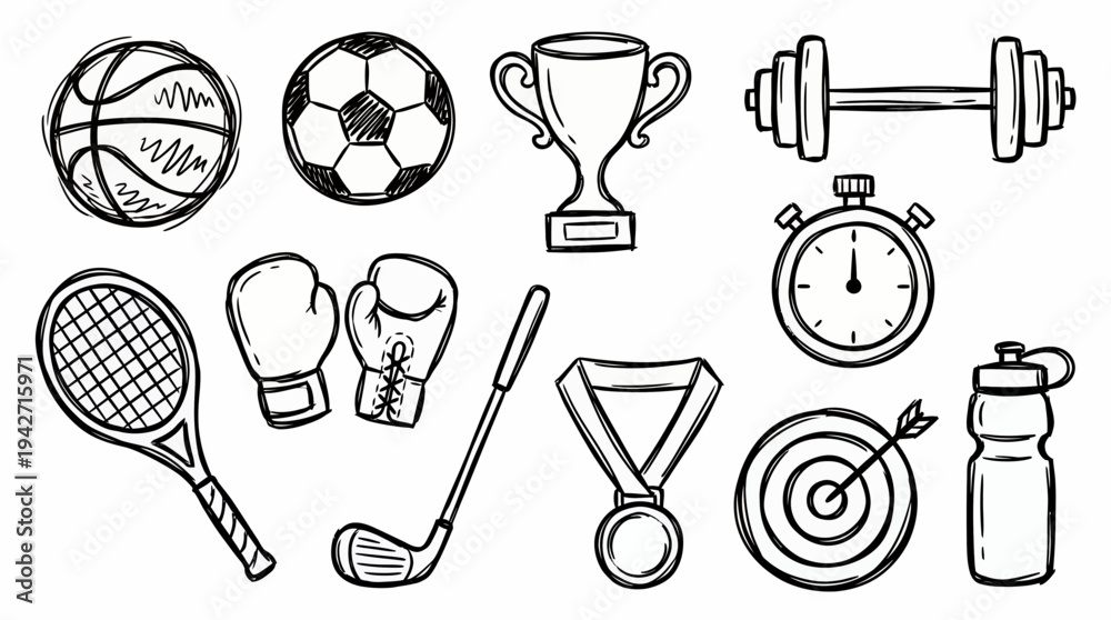 Naklejka premium Set of hand drawn sports equipment doodles featuring basketball soccer ball trophy dumbbell tennis racket boxing gloves and medal, concept for gym branding, athletic design and fitness blog