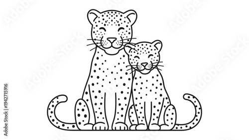 Mother Cheetah with Cub: A gentle illustration captures a heartwarming moment as a mother cheetah sits beside her cub, highlighting the tenderness and protection of the cheetah family unit.