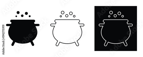 Three cauldron icons in black, White, And outlined styles on white background