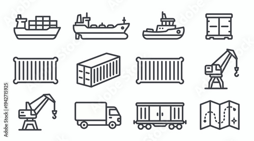 Set of logistics and global shipping line icons including cargo ships, containers, delivery trucks, cranes and maps, concept for supply chain management, cargo business and export trade
