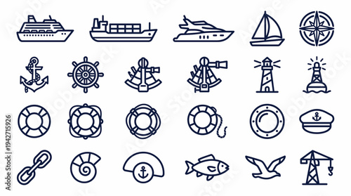 Collection of nautical and maritime line icons featuring ships, anchors, lighthouses and sea navigation equipment, concept for shipping industry, maritime logistics and marine travel