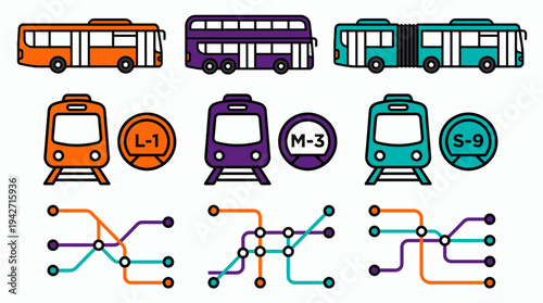 Vector flat icon set of colorful buses trains and subway maps in orange purple and teal, concept for urban transportation planning, public transit navigation and city infrastructure design