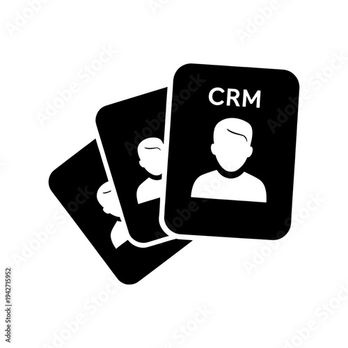 Three black cards featuring a human head silhouette and the acronym crm are displayed