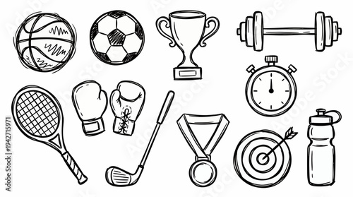 Set of hand drawn sports equipment doodles featuring basketball soccer ball trophy dumbbell tennis racket boxing gloves and medal, concept for gym branding, athletic design and fitness blog