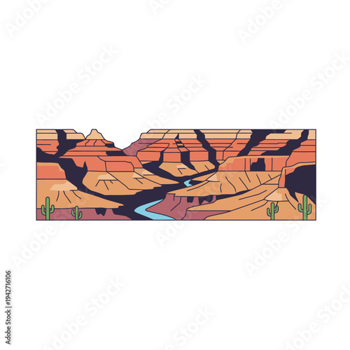 Stylized Grand Canyon landscape with river and cacti.